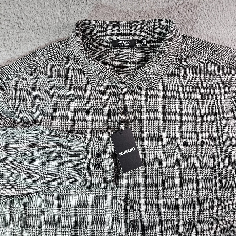 NEW‎ Murano Liquid Luxury Shirt Men 4XT Houndstooth Stretch Black White Thick